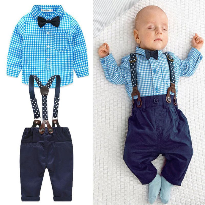 2Pcs /Set Newborn Baby Boys Gentleman Suits Wedding Party Clothes Set Kids Infant Toddler Plaid Shirt + Pants Overalls Outfits