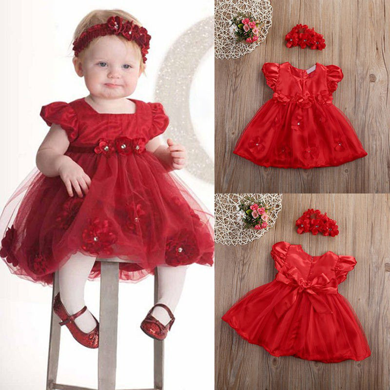 Summer Baby Girls Red Floral Dresses Little Girl Mesh Tulle Short Sleeve Headband Wedding Party Headwear Outfit Clothes